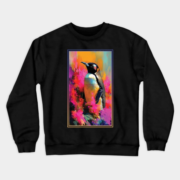 Penguin Vibrant Tropical Flower Tall Digital Oil Painting Portrait Crewneck Sweatshirt by ArtHouseFlunky